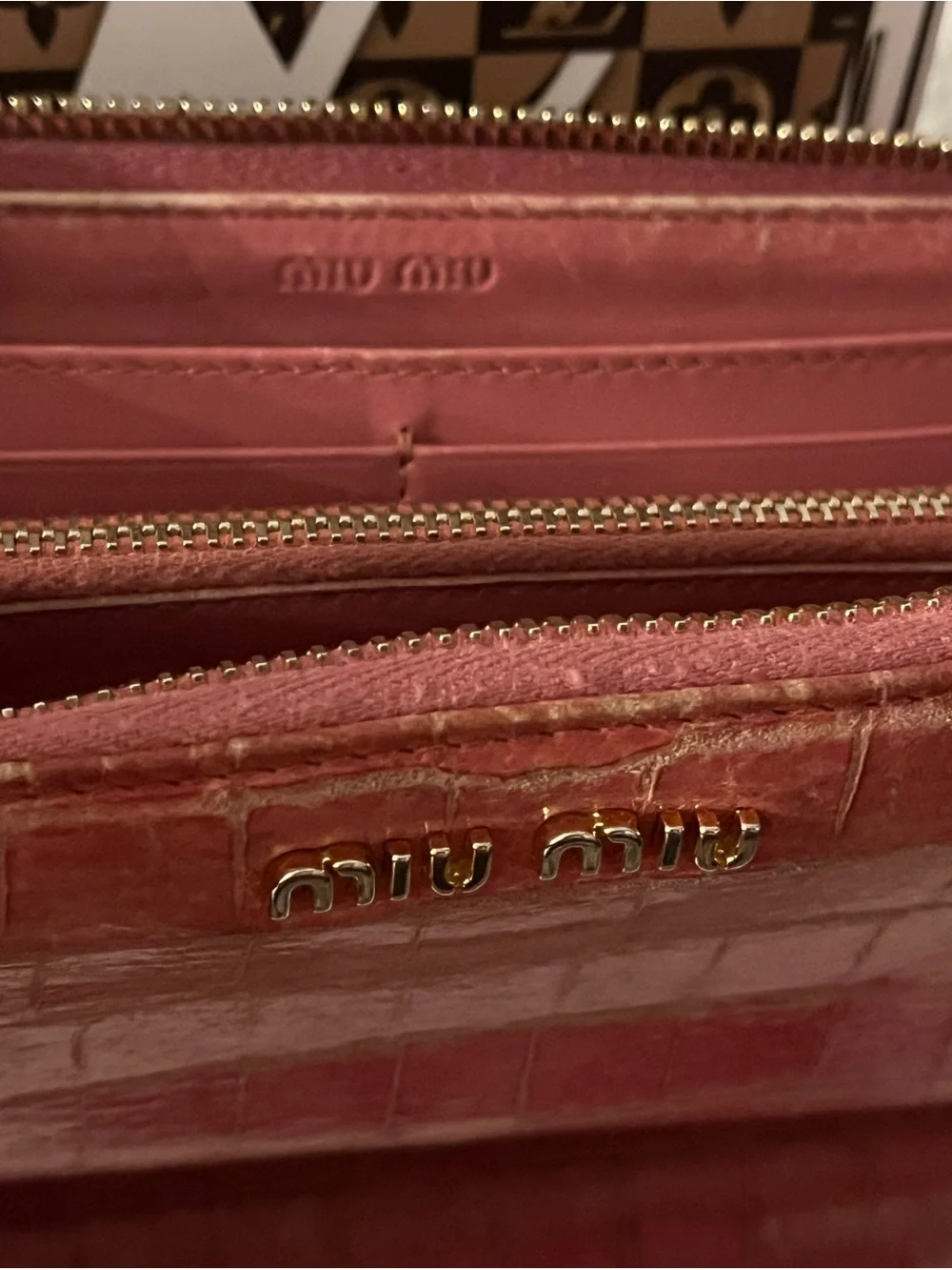 Miu Miu Croc-Embossed Pink Wristlet Wallet with Gold Logo